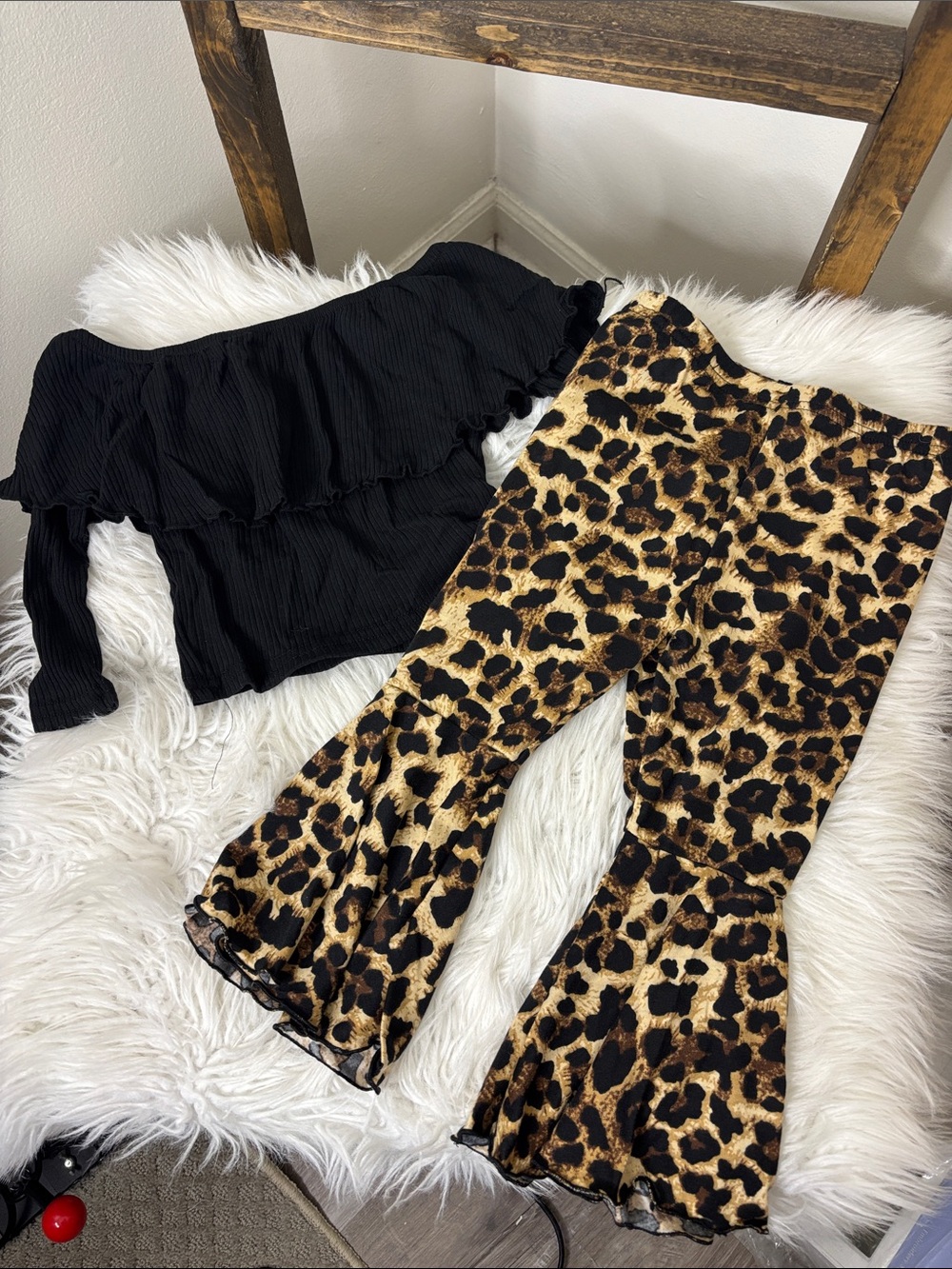SHEIN Black Ruffle Off-Shoulder Top with Leopard Print Flare Leggings Size 2/3